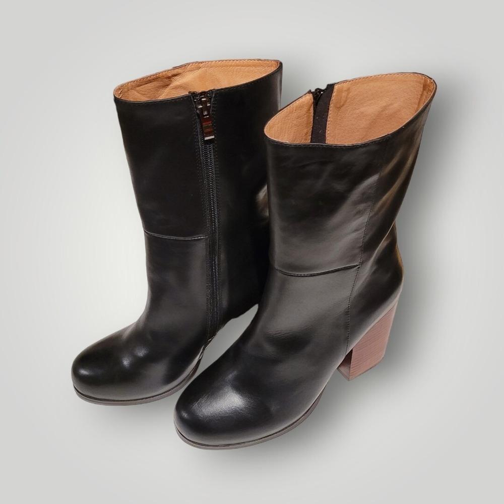 Kixters Leather Mid-Calf Boots Women's Size 38 Side Zipper Block Heel Black